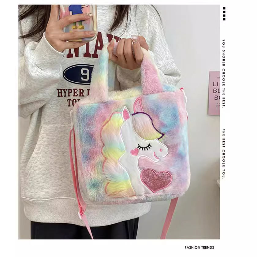 Wholesale of new cross-border colorful unicorn handbags, plush single-shoulder bags, toys, large-capacity crossbody bags and women's bags details Picture