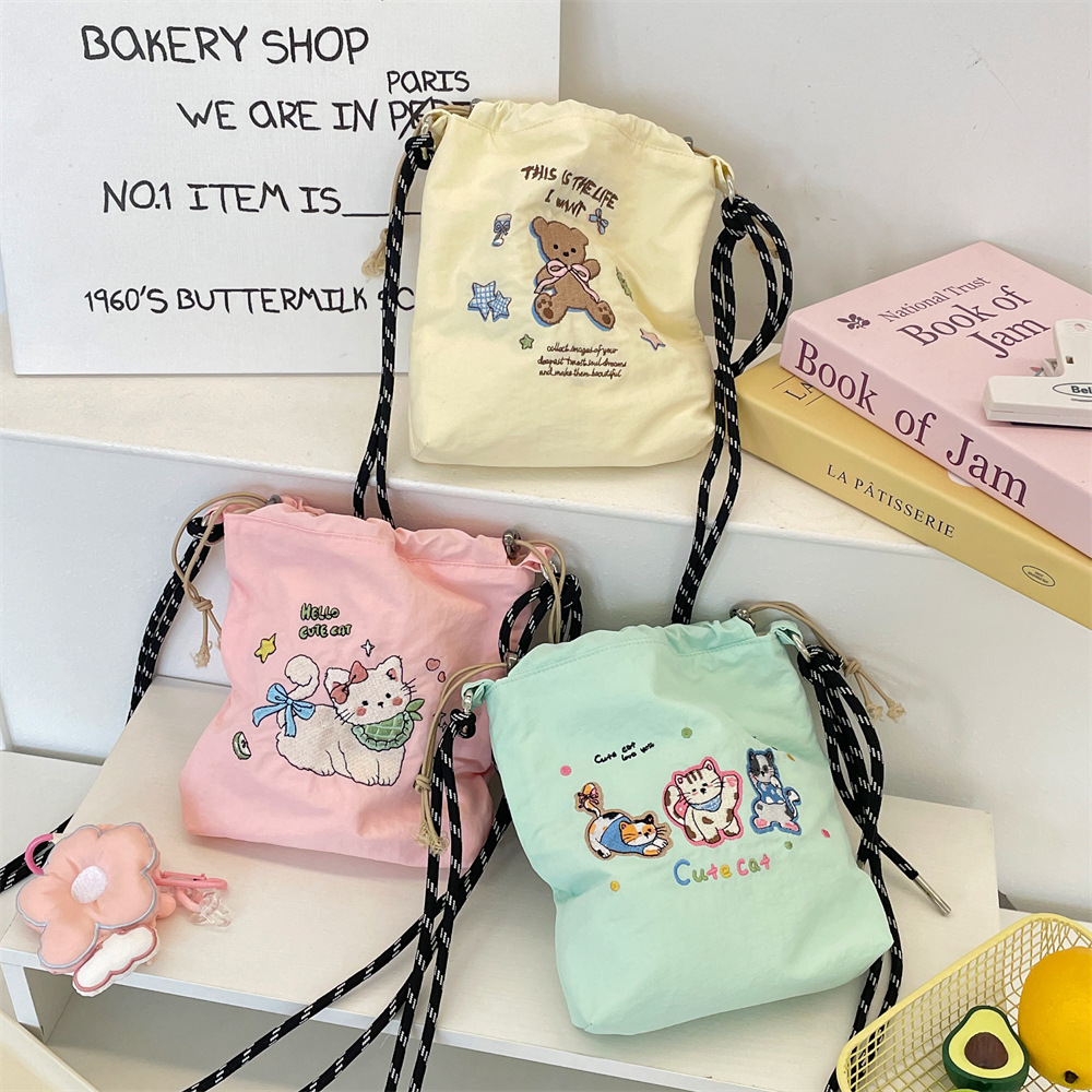 5731 Cute colorful embroidered bucket Bag, Japanese and Korean small cloth bag, casual single-shoulder crossbody mobile phone bag for academy girls details Picture