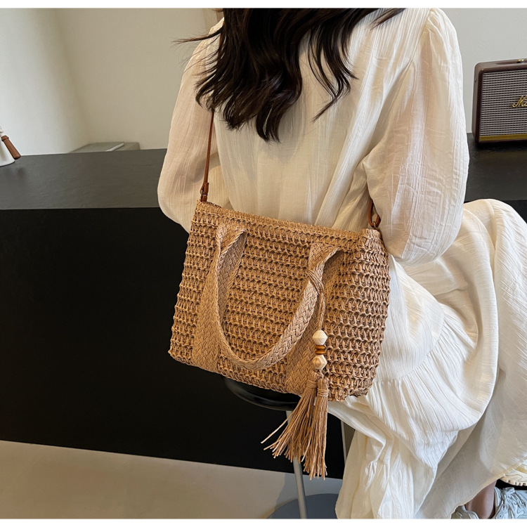Seaside vacation laid-back style straw woven bag for women, 2025 new versatile large-capacity tote bag, beach single-shoulder crossbody bag Specification drawing