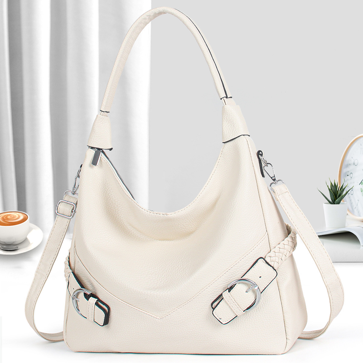 Middle-aged soft leather mom bag, large-capacity handbag, trendy and fashionable women's bag, elegant and versatile, high-end single-shoulder crossbody bag Specification drawing