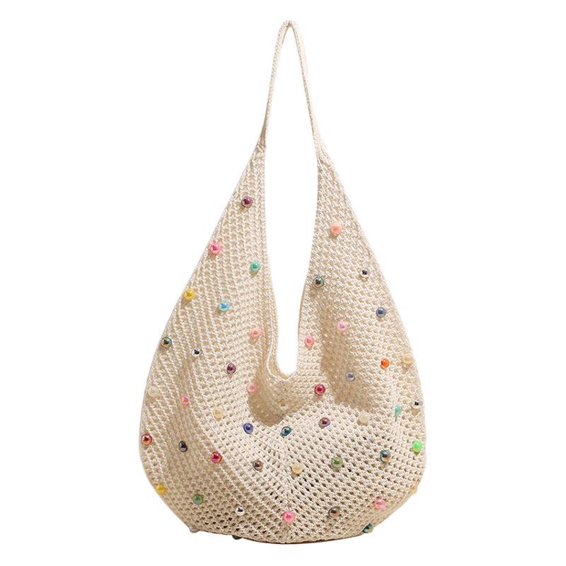 Lazy style beaded woven bag for women 2025 new style simple and cute single-shoulder hand-held bag with large capacity tote bag Item Picture
