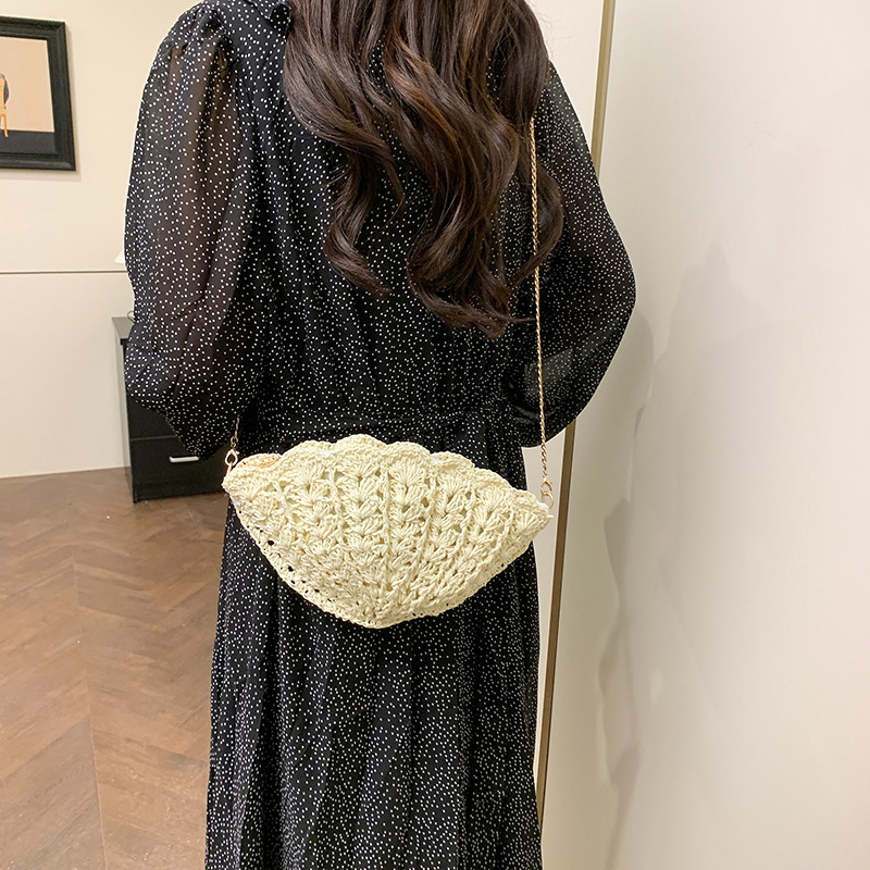 Shell crossbody straw woven bag 2025 New style fashionable hollowed-out fan-shaped straw woven bag, women's beach vacation bag Specification drawing