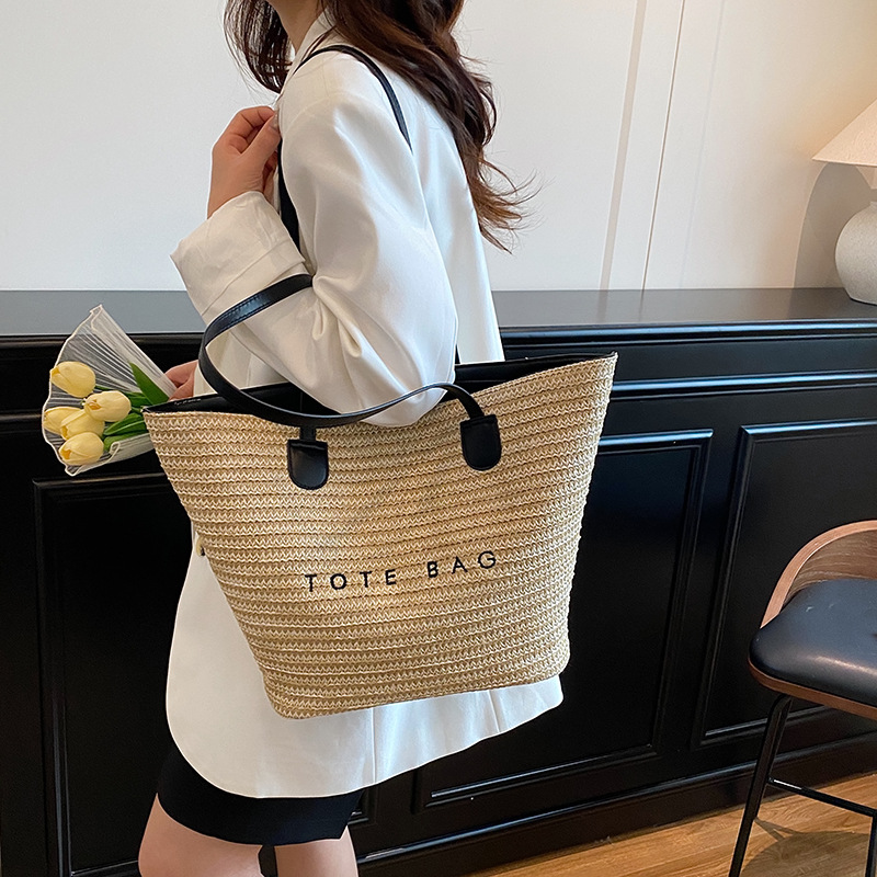 2025 New summer trend straw woven tote bag, women's fashion letter woven single-shoulder bag, beach vacation bag Specification drawing