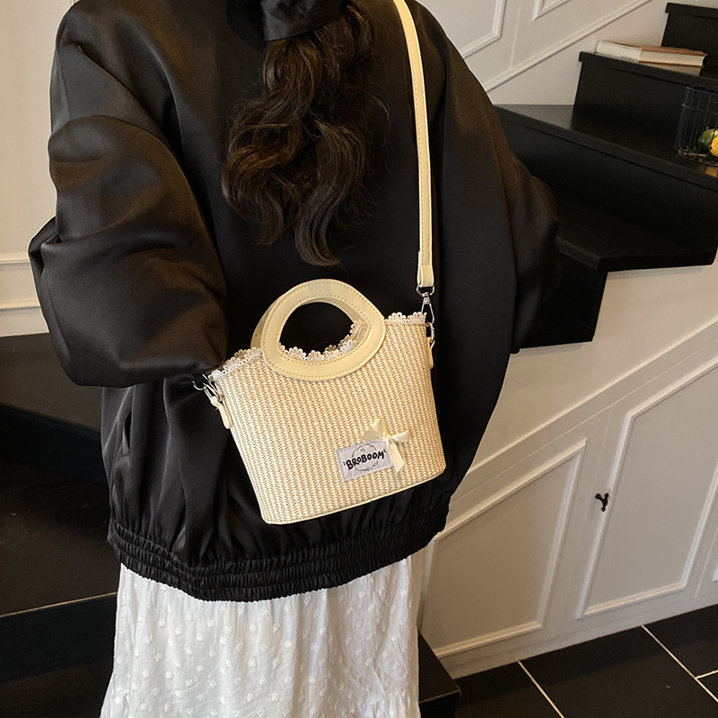 Trendy and fashionable bow lace edge hand-held bucket bag for women 2025 new style casual and stylish woven single-shoulder crossbody bag Application Scenario