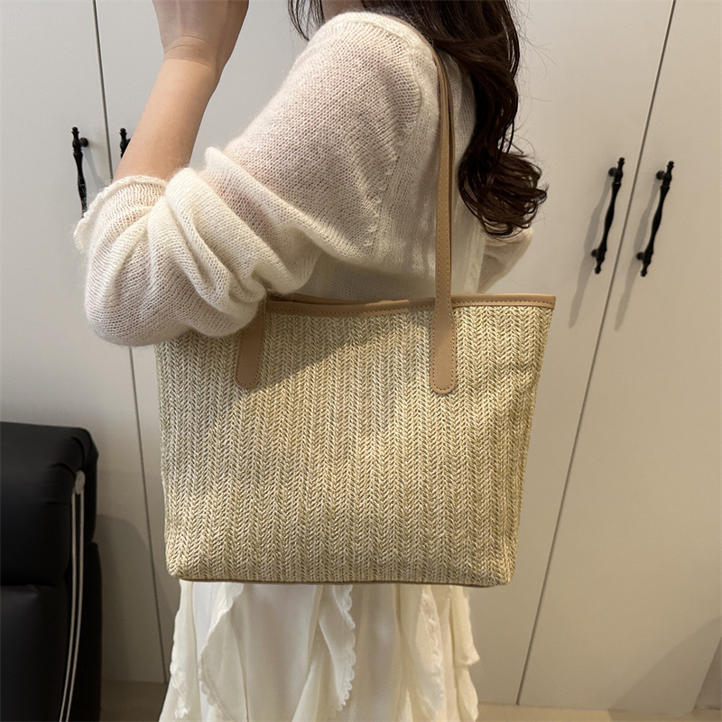 INS casual single-shoulder straw woven bag, new large-capacity hand-held woven bag, tote bag, women's beach vacation bag Specification drawing