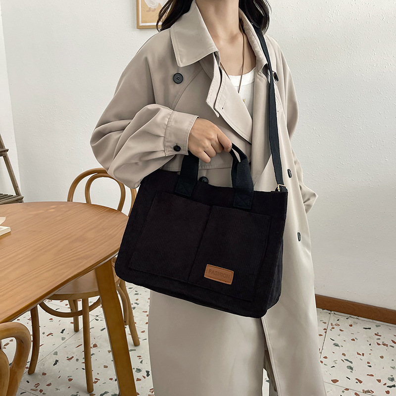 Corduroy large-capacity fashionable handbag, casual Korean-style hand-held crossbody bag, commuting bag, trendy tote bag for women details Picture