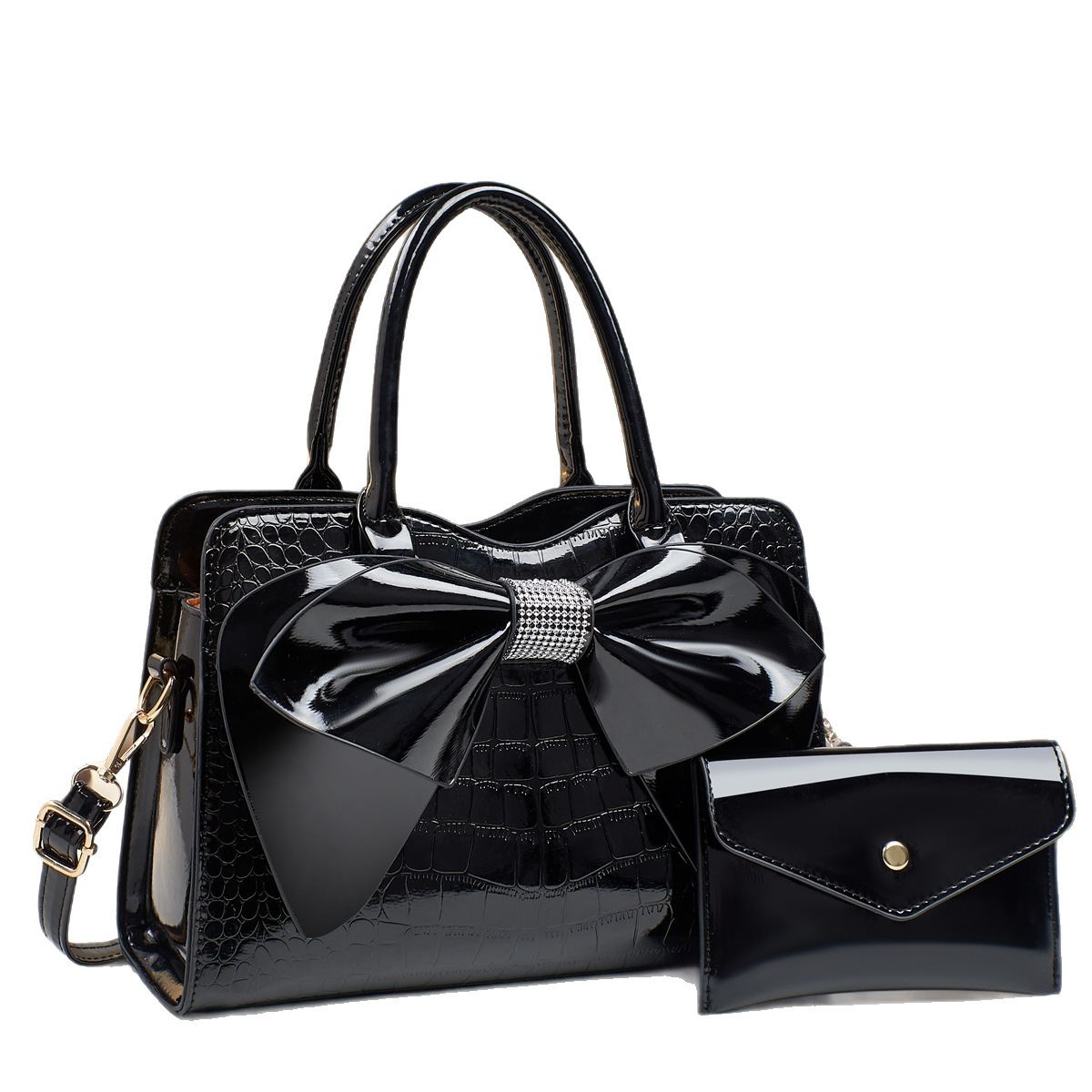 Cross-border foreign trade hand-held large bag 2025 New style fashionable crocodile pattern bow bucket bag patent leather shiny crossbody bag Item Picture