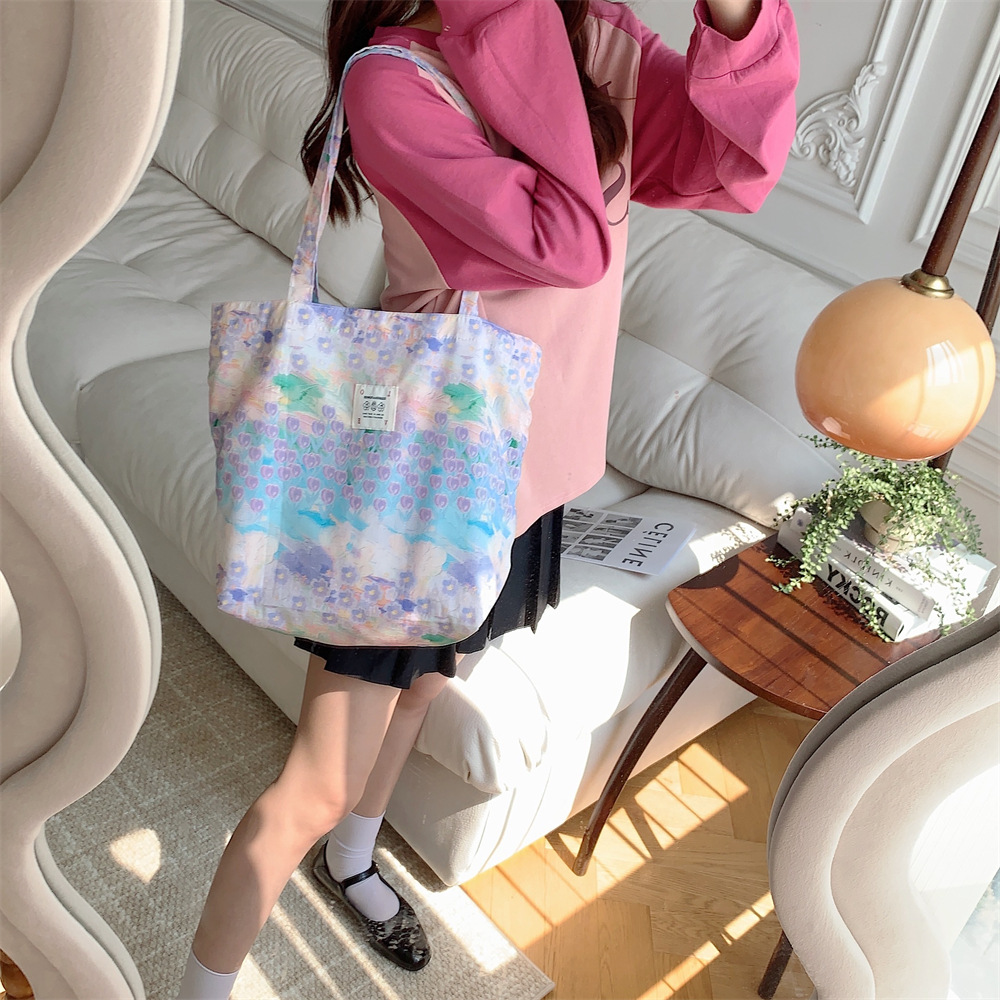 26101 New single-shoulder floral cotton Bag 2023ins Pink Flower Sea Large Capacity Canvas tote handbag Specification drawing