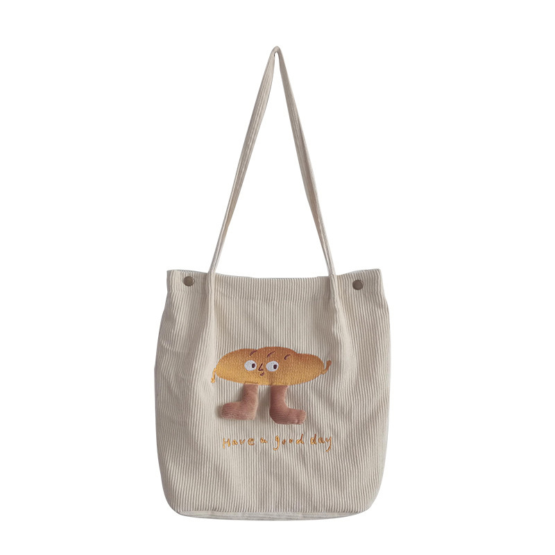 19242 Japanese, Korean, forest style corduroy cute embroidered single-shoulder bag, student schoolbag, artistic hand-held cloth bag for girls Item Picture
