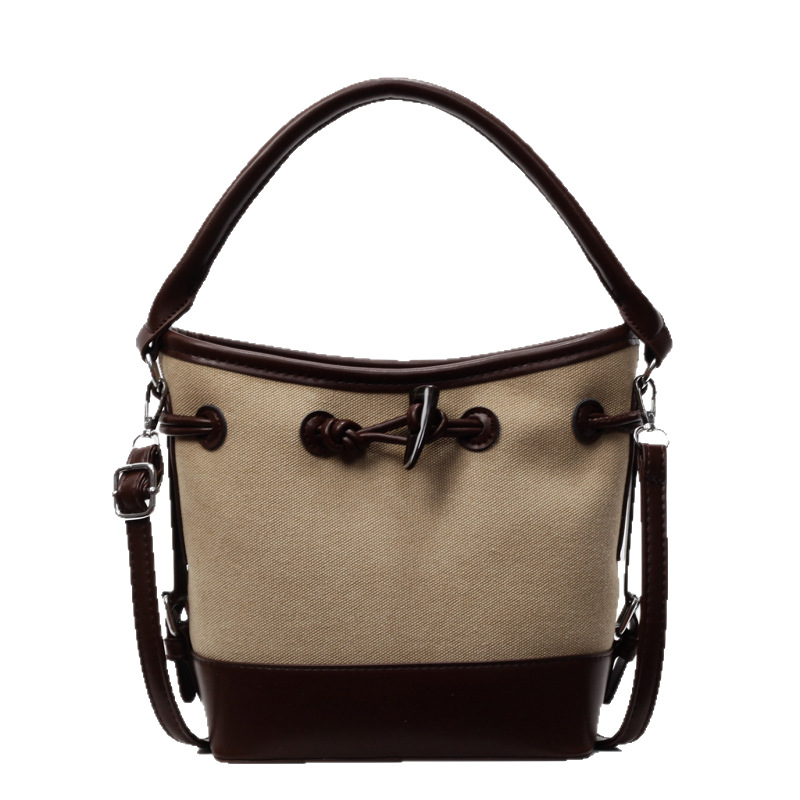 The 2025 new stylish color-blocking drawstring hand-held bucket bag is a versatile, simple and casual single-shoulder crossbody bag for women Item Picture