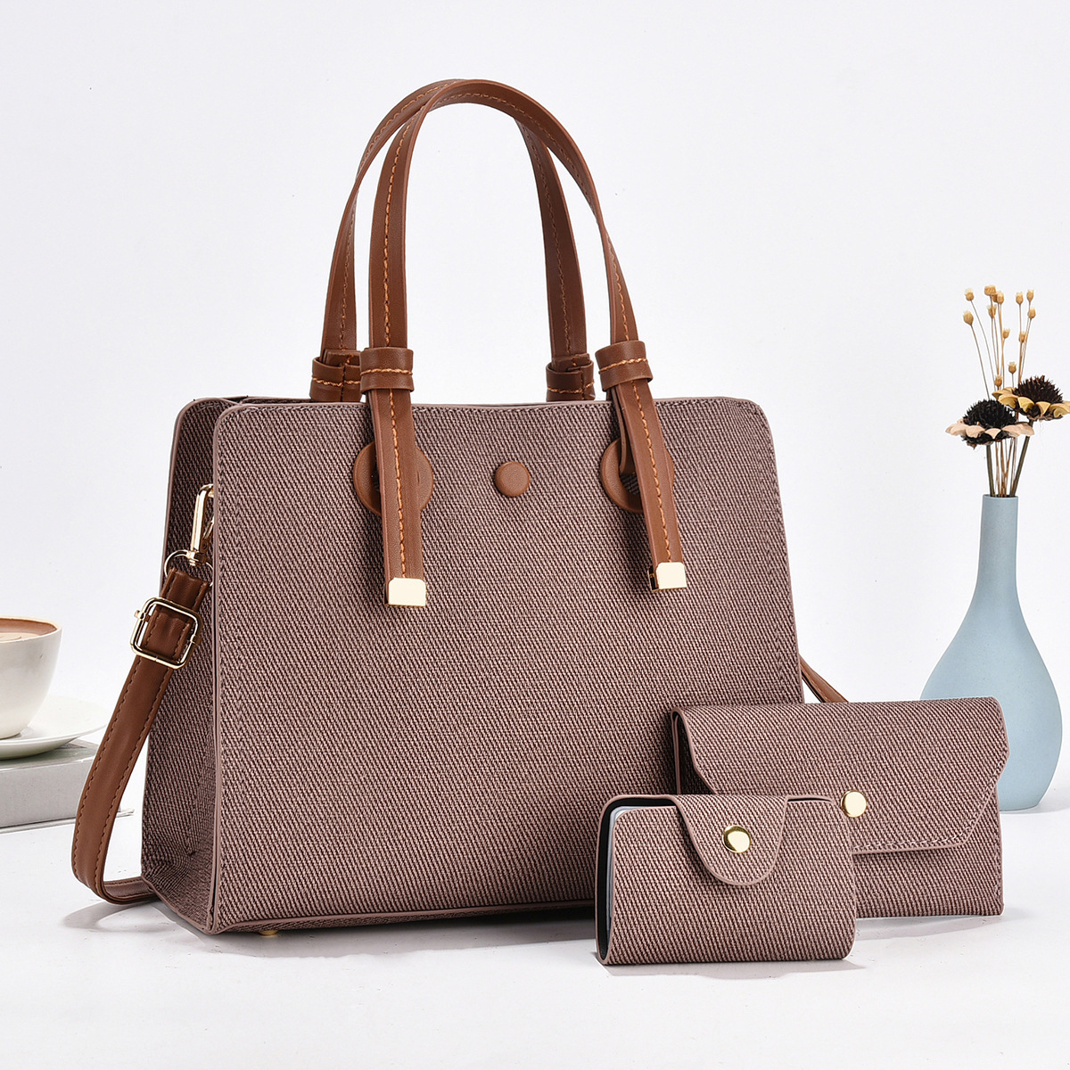 Women's bags for cross-border export, solid-color bags, women's commuting handbags, three-piece sets, simple and high-quality crossbody bags Specification drawing