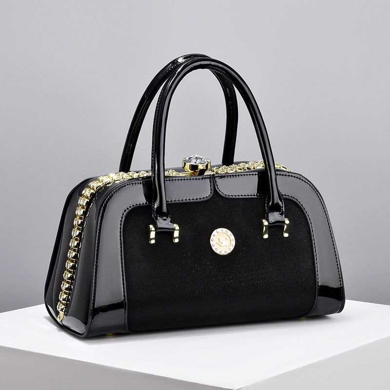 Cross-border trend bright leather color-blocked single-shoulder bag, Taizhou women's bag, steel frame diamond-encrusted women's bag, set handbag factory direct sales full figure