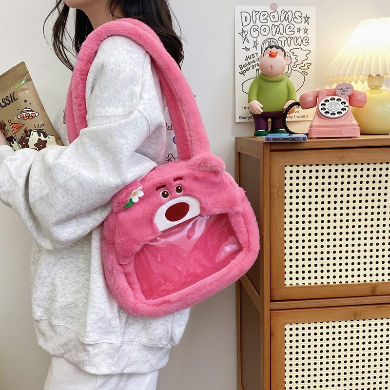 New Cartoon Strawberry Bear Capibara Transparent plush bag 2024, cute large-capacity transparent tote bag wholesale details Picture