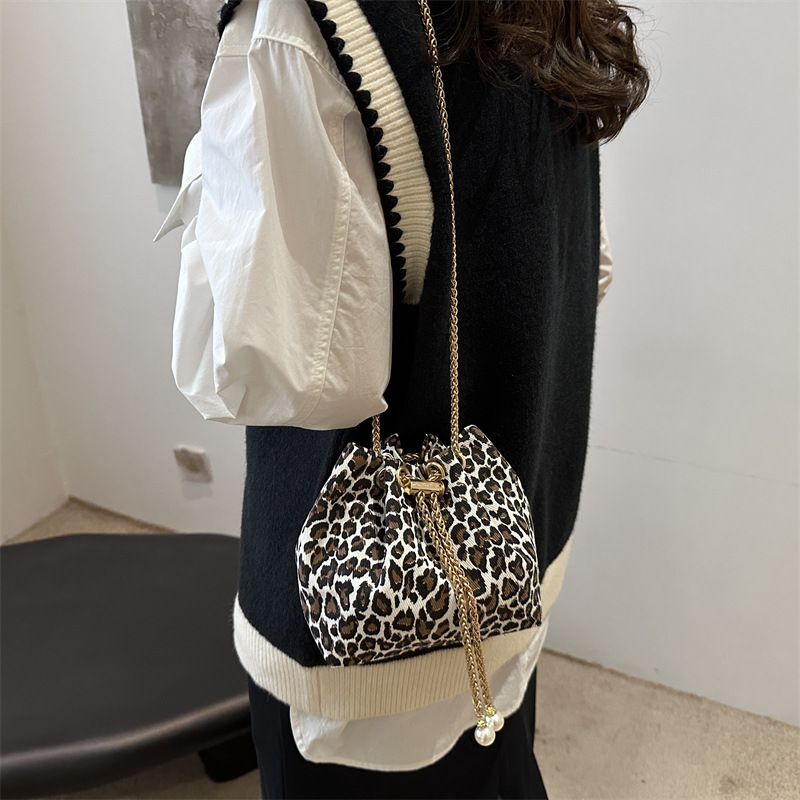 Cross-border leopard print small bag for women 2024, a new and niche design chain crossbody bag, mini drawstring bucket bag details Picture