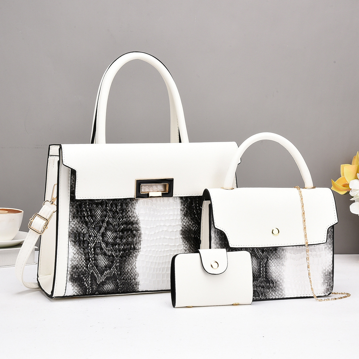 New fashionable PU three-piece women's bag, cross-border mother-and-child bag, 2024 European and American leather women's hand-held shoulder bag details Picture