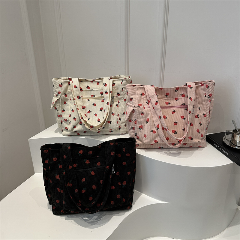 The versatile new strawberry corduroy 2024 Tote bag, single-shoulder bag, casual large-capacity, laid-back style storage shopping bag Application Scenario