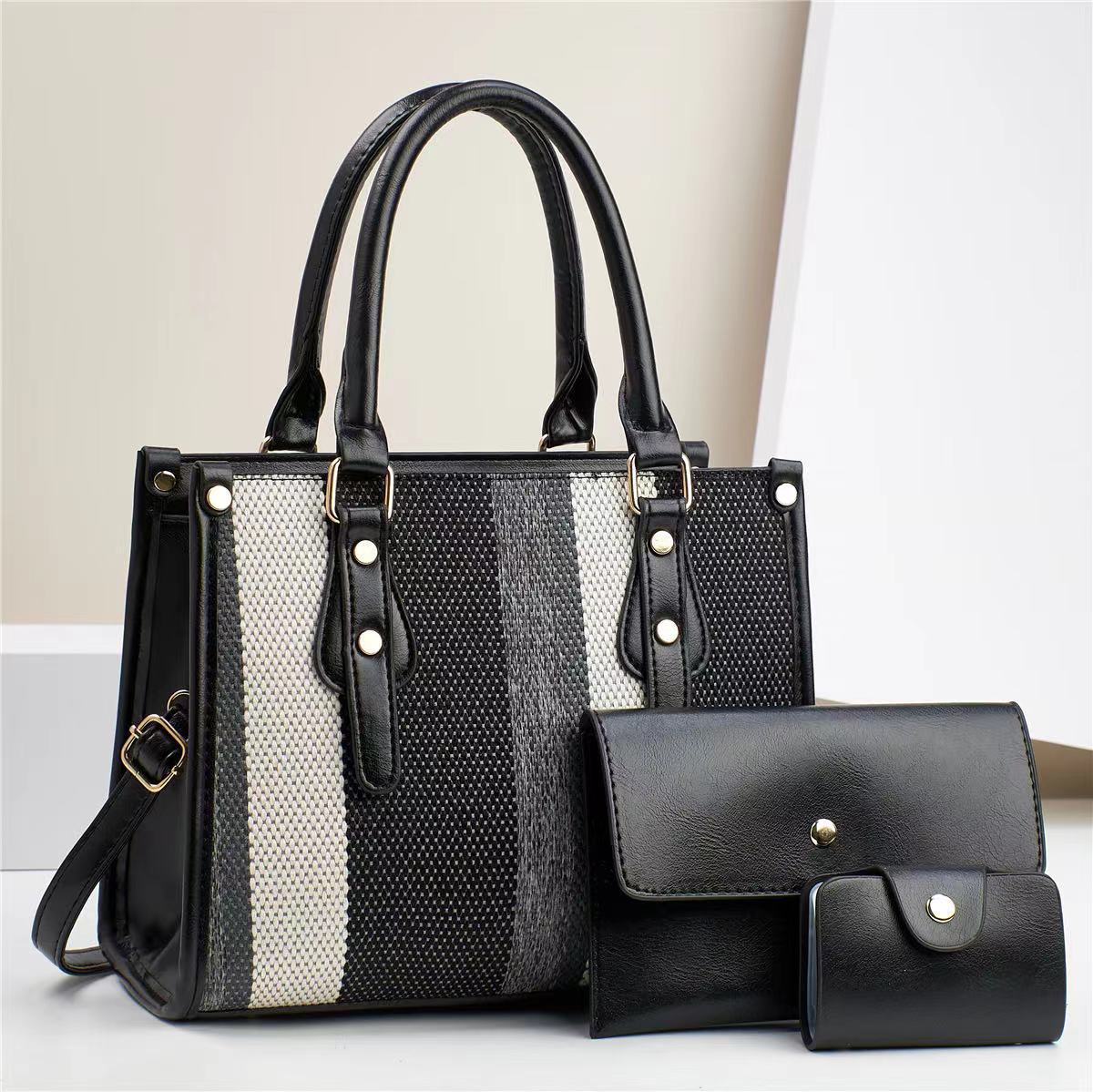 New fabric three-piece set, patchwork mother-and-child bag, simple solid color, large capacity, single-shoulder hand-carry, high-quality and fashionable women's bag full figure