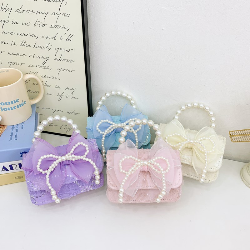 New foreign trade lace flower girls' single-shoulder crossbody bag, fashionable pearl bow children's bag, cartoon coin purse Specification drawing