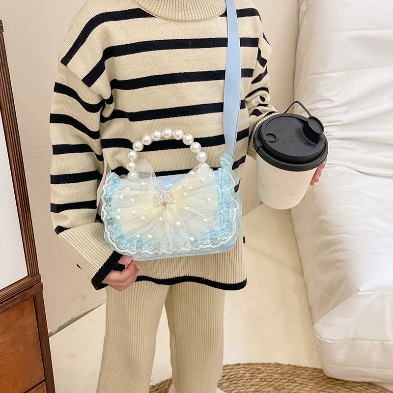 Children's bag, stylish girl's small square bag, pearl handbag, lace bow single-shoulder bag, cute princess crossbody bag Specification drawing