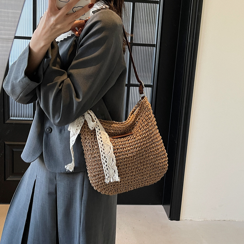 Woven straw crossbody bag for women, large capacity 2025 new summer versatile bucket bag, beach vacation bag Specification drawing