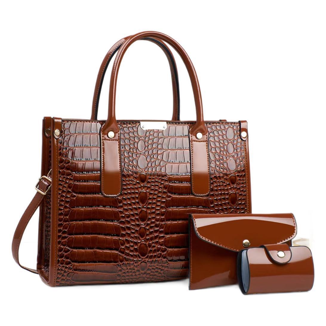 Three-piece set of crocodile-patterned mother and child bag 2025, large capacity carrying bag, fashionable women's single-shoulder tote bag Item Picture