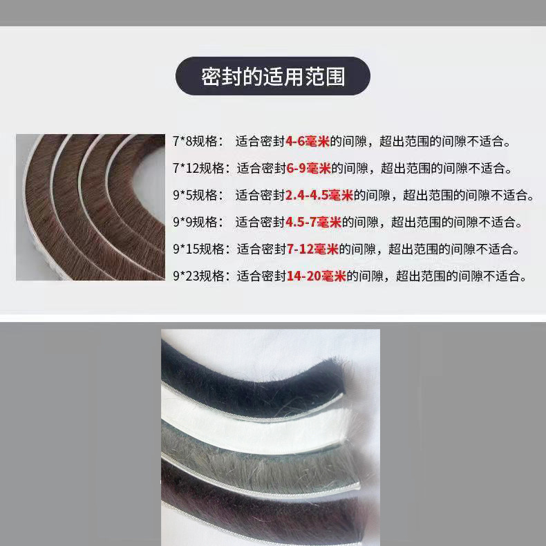 Aluminum alloy door and window sealing strips, plastic steel window self-adhesive glass door gap windproof and warm wool strips, one-piece consignment Specification drawing