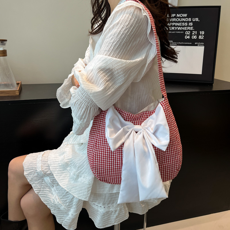 2025 New three-dimensional bow check single-shoulder bag for women's casual wear, large capacity canvas commuting underarm bucket bag Specification drawing