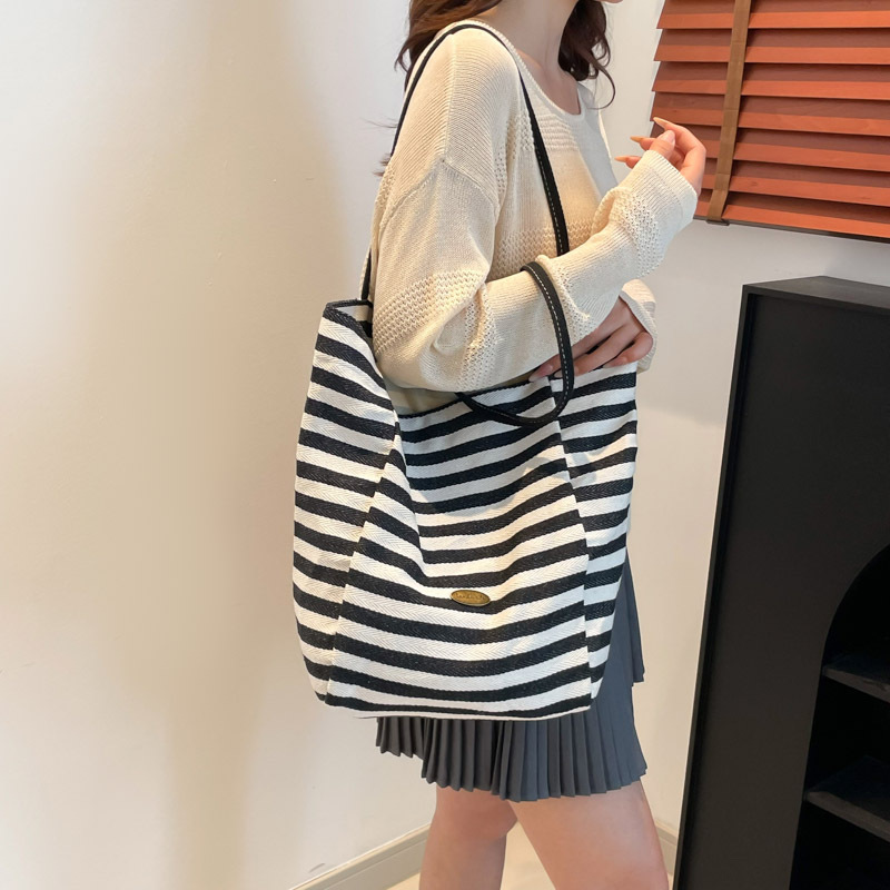 Striped canvas bag 2025 new Korean version ins Tote casual bag single-shoulder large capacity Tote bag shopping bag details Picture