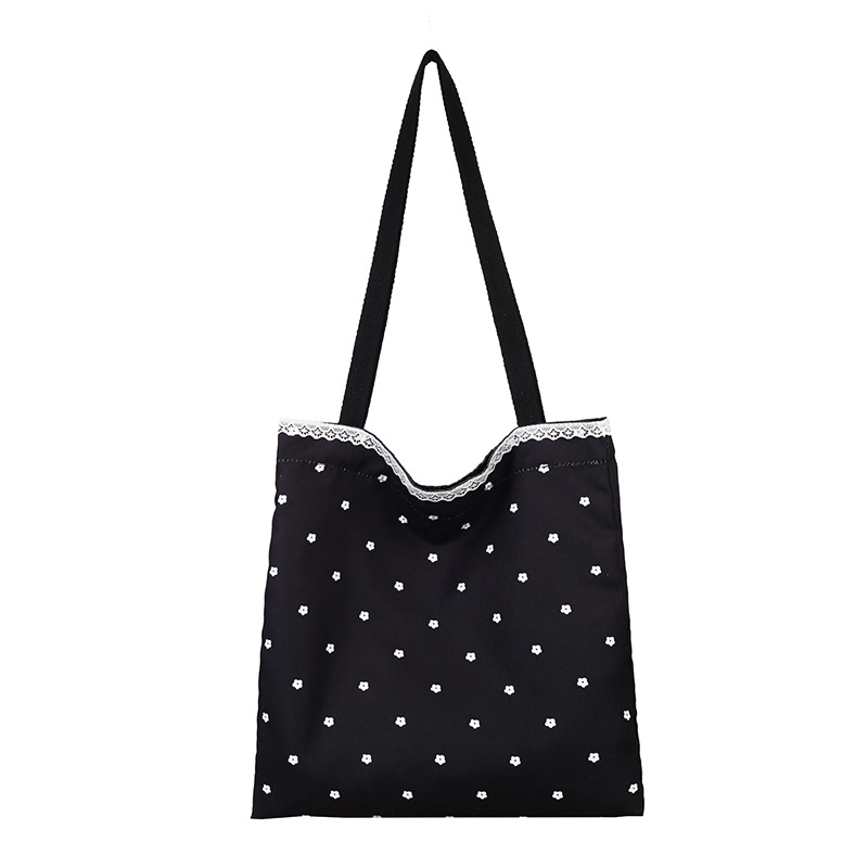 A new design with a gentle and girlish heart, featuring a patchwork lace bow single-shoulder bag and black floral canvas bag Item Picture