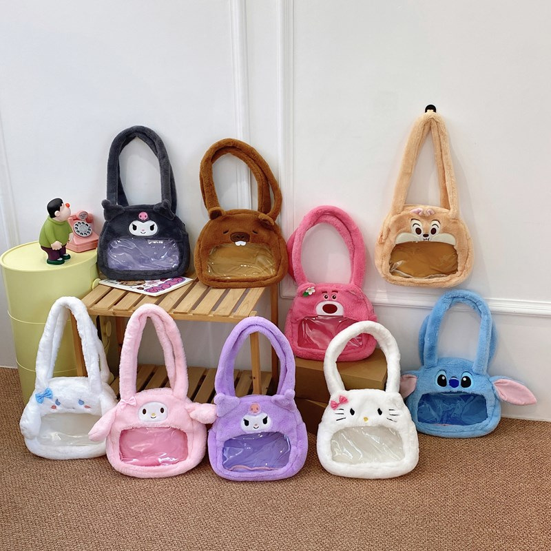 New Cartoon Strawberry Bear Capibara Transparent plush bag 2024, cute large-capacity transparent tote bag wholesale full figure