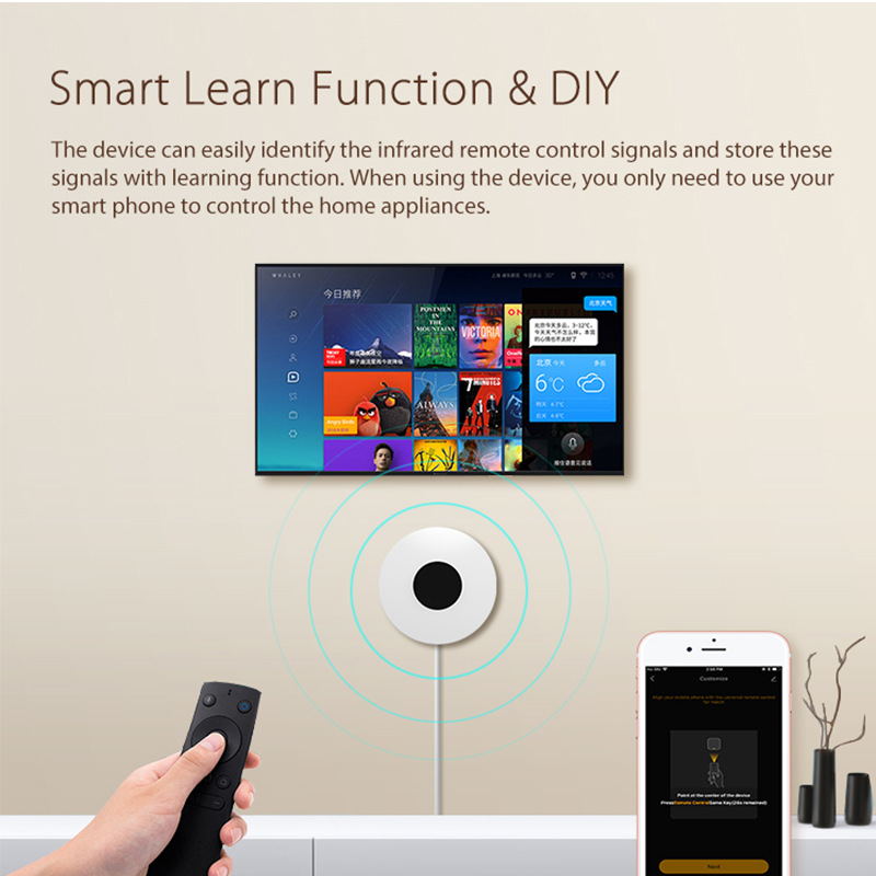 WiFi Smart universal Infrared Remote control, infrared IR remote control, mobile phone remote control, supports voice control, Tuya Application Scenario
