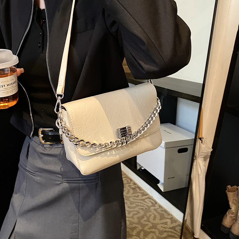 A new 2025 women's handbag with a light luxury and niche design, featuring a high-end texture. It is a single-shoulder crossbody bag with a chain and a small square bag for commuting full figure