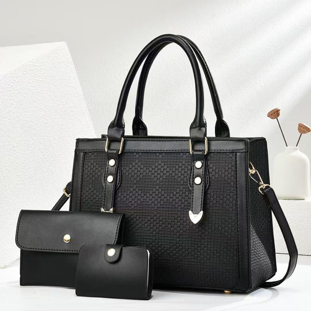 Taizhou PU leather three-piece women's bag 2025 new trendy bag, women's set bag, crossbody single-shoulder hand-carry mother and child bag full figure