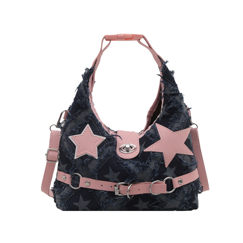 Spicy girl style denim single-shoulder bag, pink five-pointed star tassel handbag, large-capacity fashionable commuting crossbody bag Item Picture