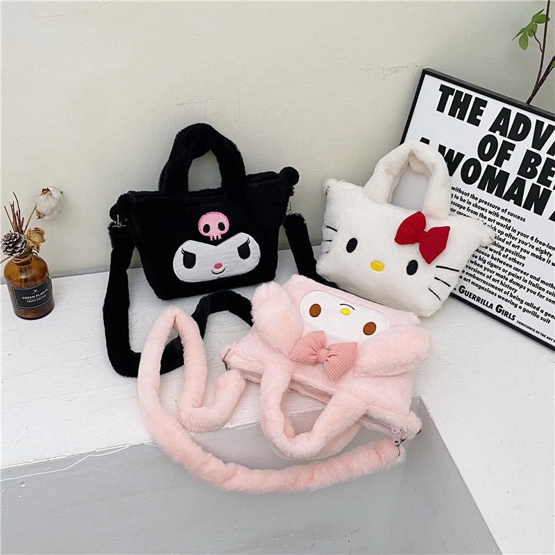 A cute cartoon hand-held crossbody small bag, a new pink rabbit furry single-shoulder bag, and a girls' hand-held bento bag full figure