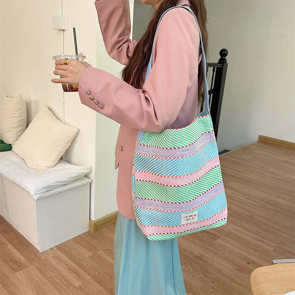 44283 Spring/Summer New color woven bag, striped patchwork, large capacity beach vacation crossbody bag, underarm single-shoulder bag Specification drawing