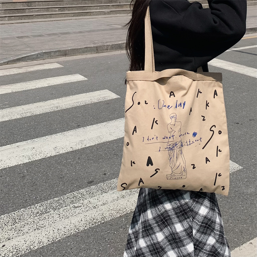 23021 letter printed large-capacity single-shoulder bag, canvas bag, simple Korean-style handbag for women, shopping bag for going out Specification drawing