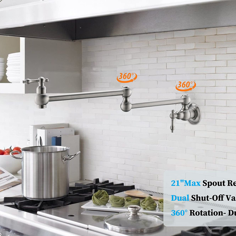 North American all-copper antique single-cooling kitchen stove, folding faucet, brushed wall-mounted double-switch telescopic faucet details Picture