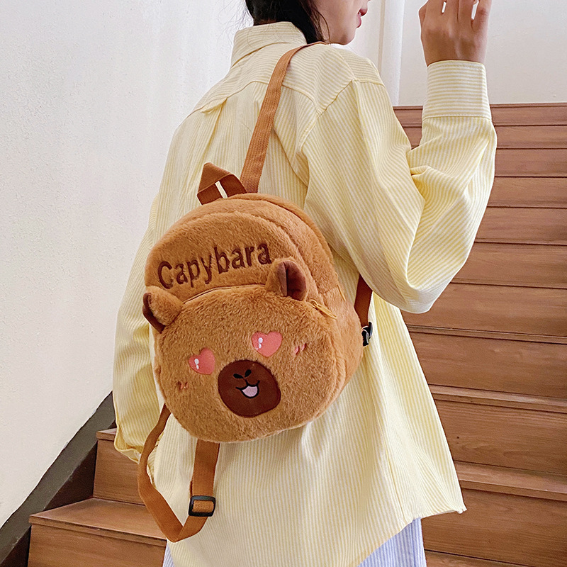 Wholesale of cute new Capibara cute double backpacks, cartoon capybara, versatile girl plush small backpacks details Picture