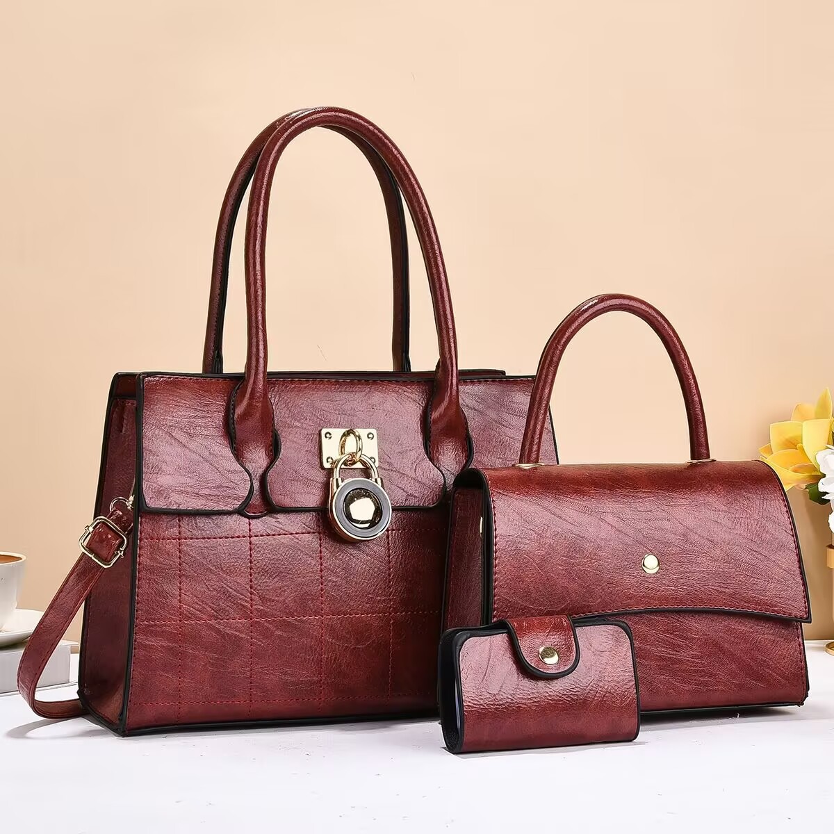 Three-piece set of fashionable tote bag, solid color single-shoulder crossbody bag, large capacity handbag, for women, 2025 new style, Korean style, trendy Specification drawing