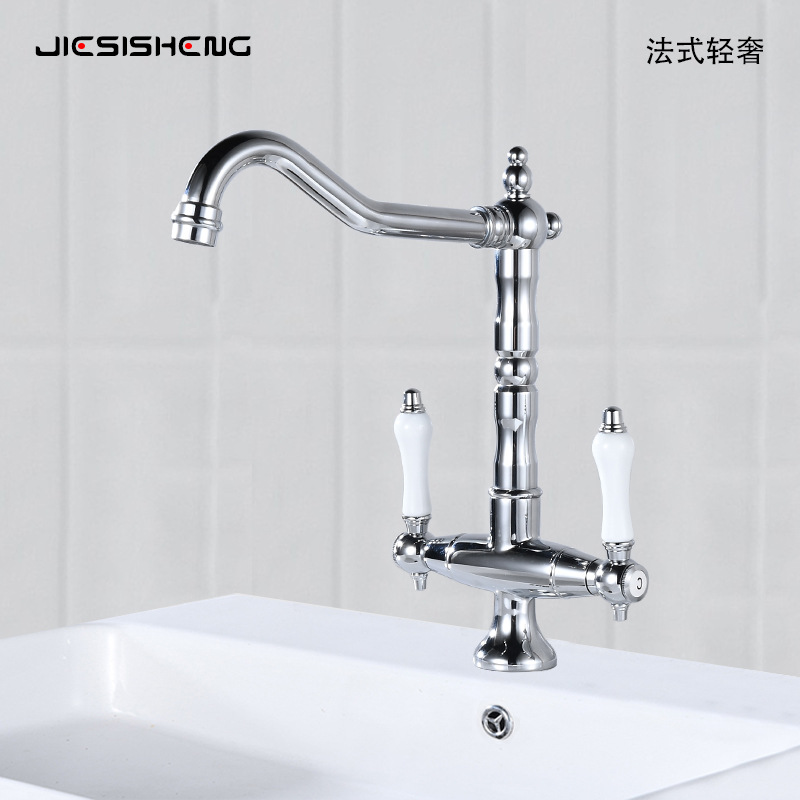 French retro double-handle faucet, brass hot and cold splash-proof household washbasin faucet, spray gun set full figure