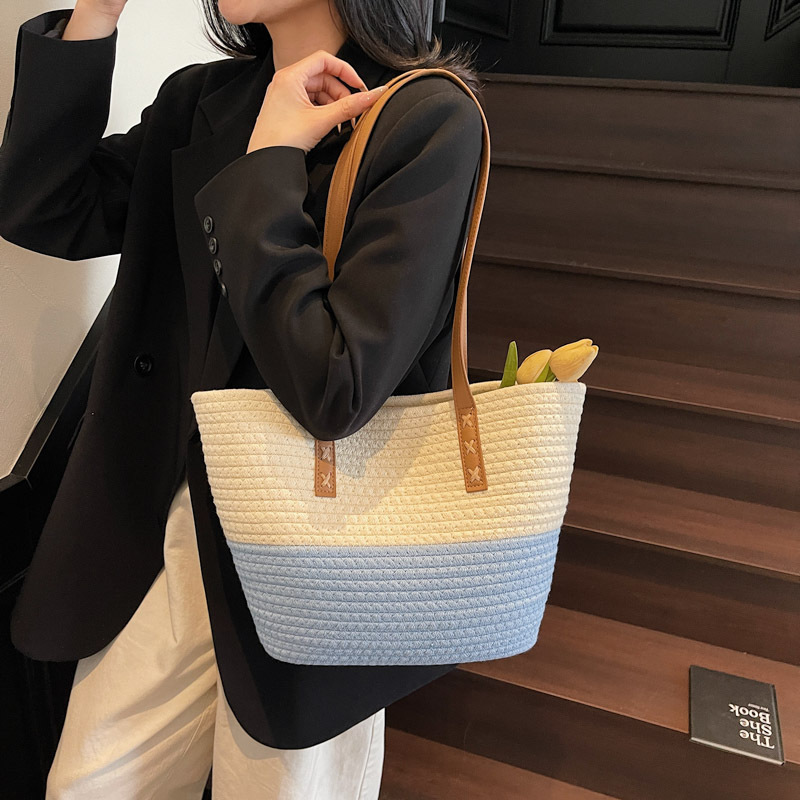 Summer seaside beach large bag for women 2025 New trendy and fashionable color-blocking single-shoulder bag with large capacity cotton rope tote bag full figure