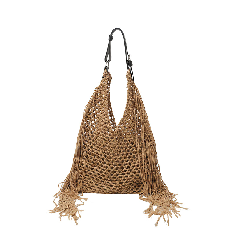 Retro fringed bag, women's openwork hand-woven bag, beach bag, new versatile single-shoulder tote bag for commuting ladies Item Picture