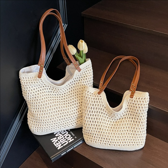Korean-style women's high-end bucket bag, large-capacity underarm bag, new straw woven bag for summer 2025, fashionable single-shoulder bag full figure