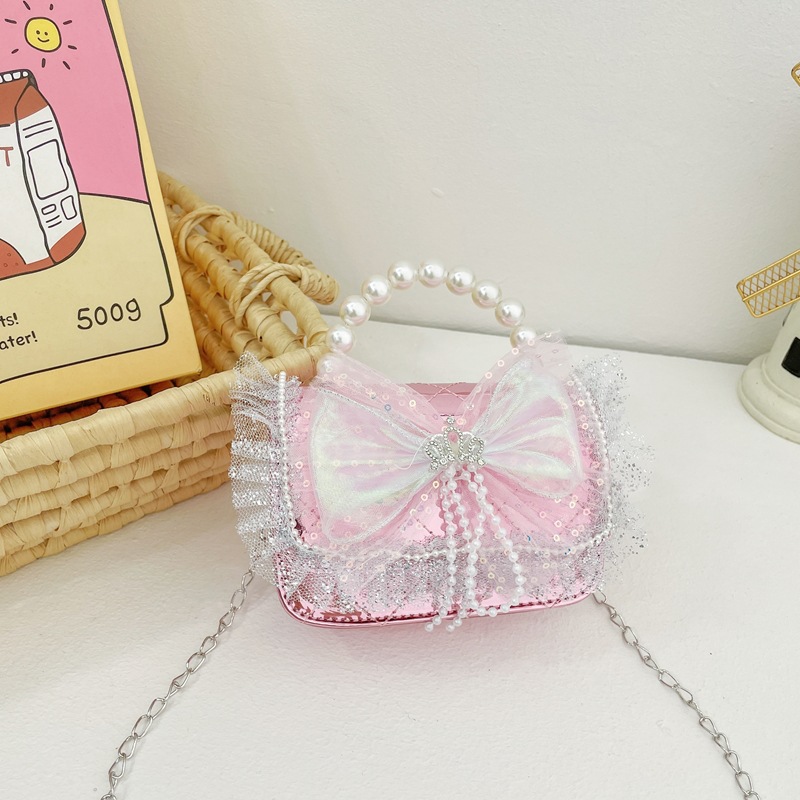 Diamond-shaped lace bow girls' single-shoulder bag, loose change crossbody bag, trendy children's bag, new girls' pearl handbag details Picture