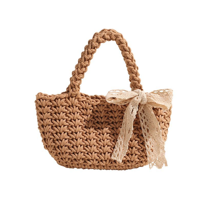 Summer straw woven bag, women's stylish bow hand-held bucket bag, trendy silk scarf, beach vacation woven bag Item Picture