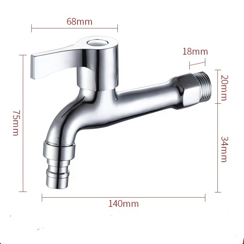 The washing machine faucet has a 4-inch copper core, a quick-opening extended faucet, and is made of zinc alloy 304. It features one water inlet and two water outlets Specification drawing