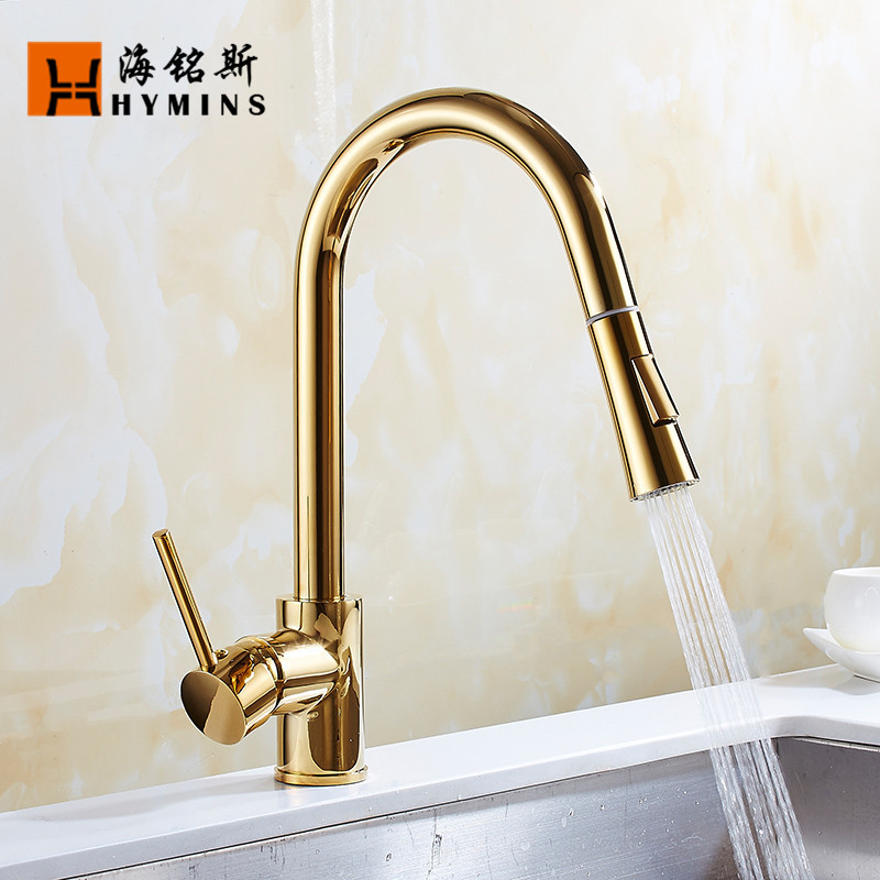 Haimingsi Golden pull-out Faucet Rotating Kitchen Faucet sink Sink Sink Hot and cold faucet 8055D full figure