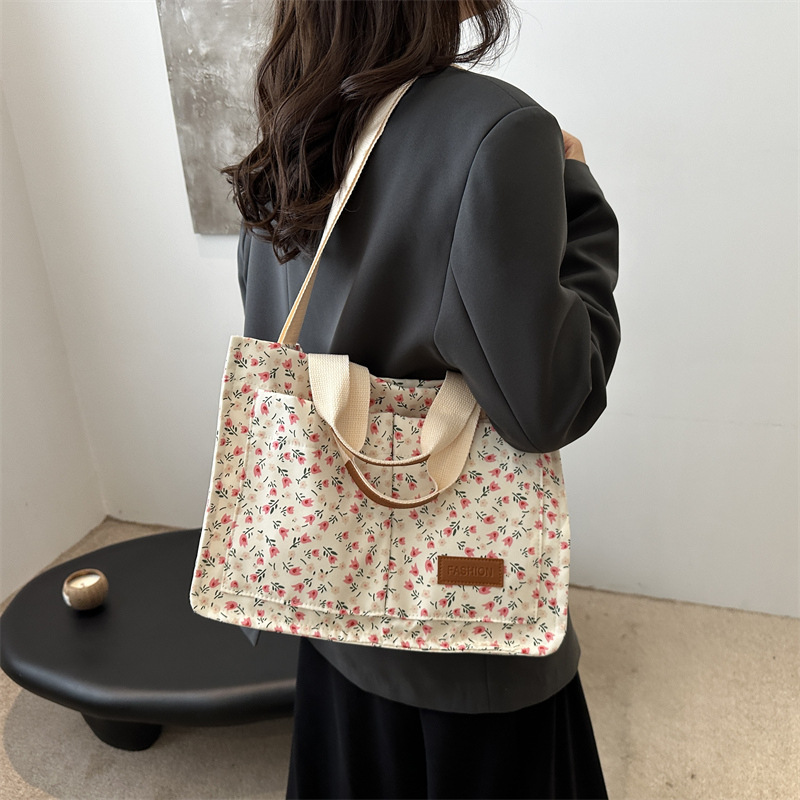 Autumn floral print bag, personalized 2024, large capacity double-pocket, stylish beach shopping bag, crossbody single-shoulder handbag for women details Picture