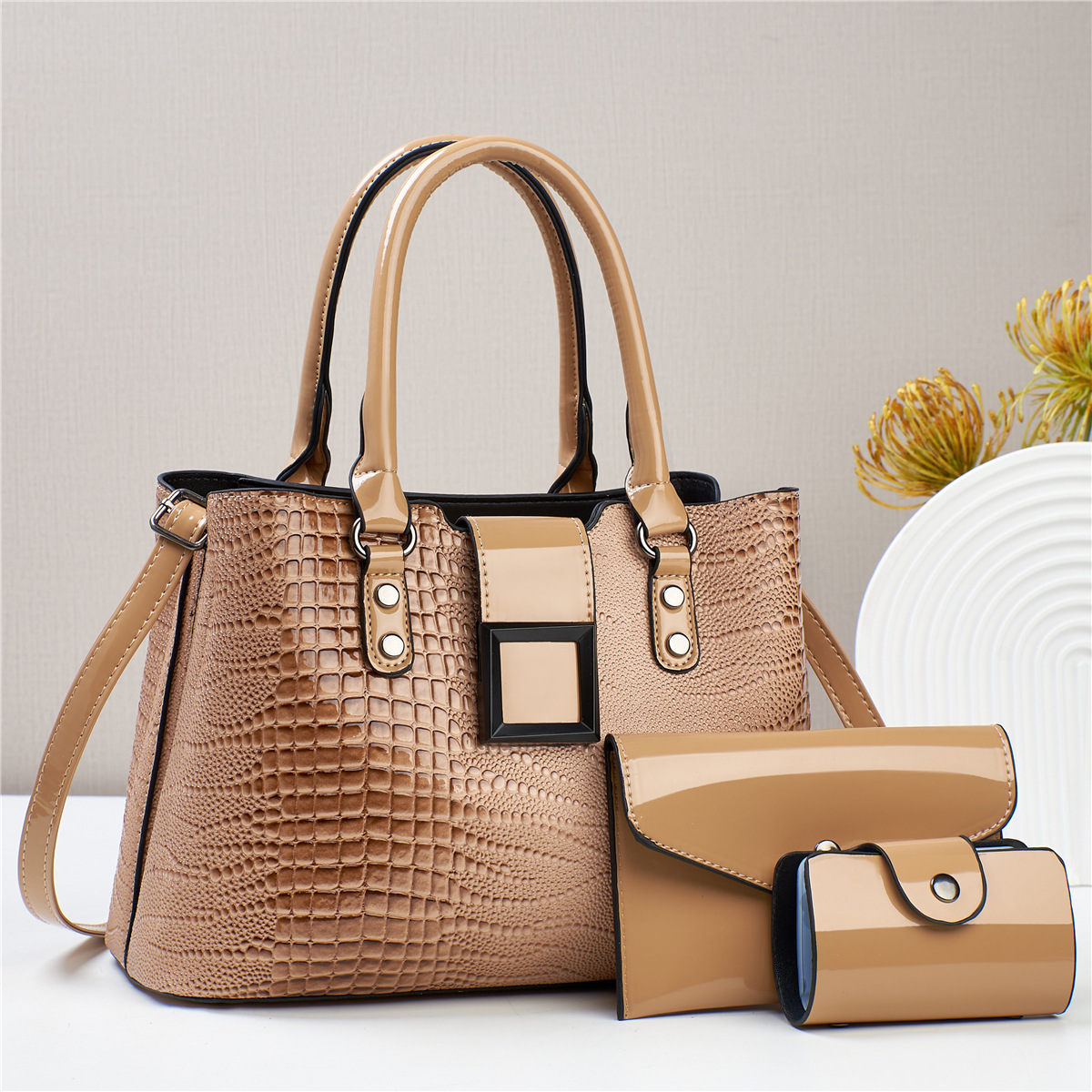 2023 New European and American three-piece set mother-and-child bag with shiny leather and lizard pattern, trendy large-capacity single-shoulder crossbody handbag Specification drawing